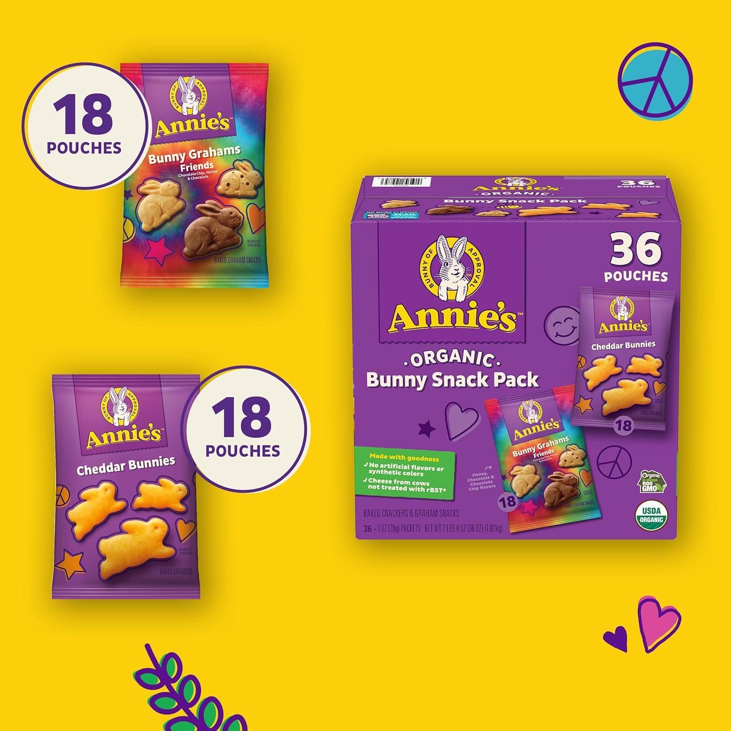 image:imageAnnies Organic Snack Variety Pack Cheddar Bunnies and Bunny Grahams 1 oz 36 ctCheddar Chocolate chip Honey and Chocolate
