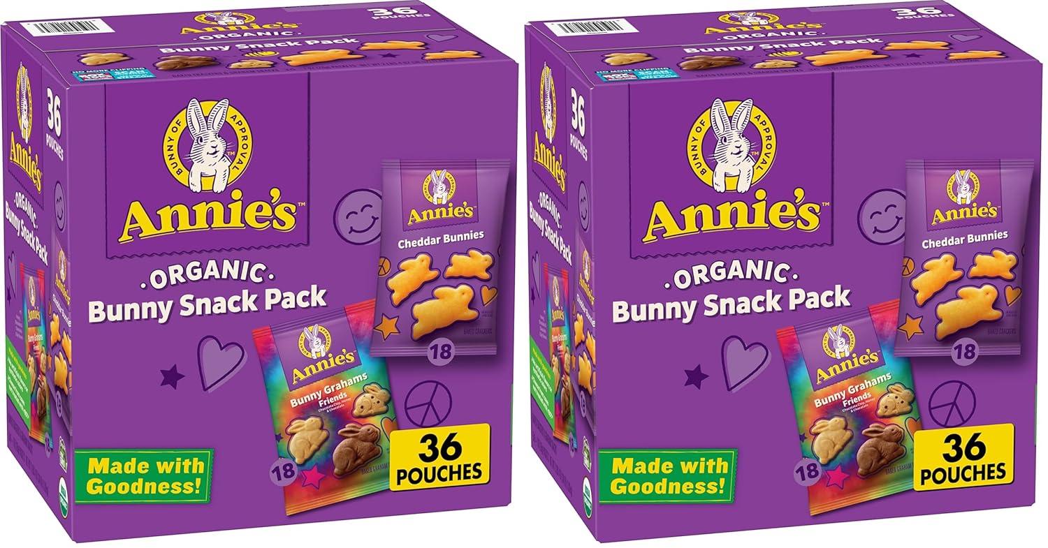 image:imageAnnies Organic Snack Variety Pack Cheddar Bunnies and Bunny Grahams 1 oz 36 ctCheddar Chocolate chip Honey and Chocolate
