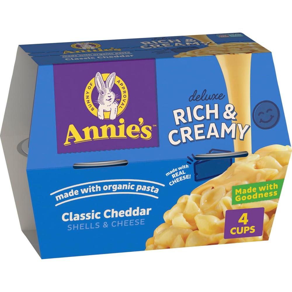 image:imageAnnies Classic Cheddar Deluxe Rich and Creamy Mac and Cheese with Organic Pasta Made with Real Cheese Dinner Side or Snacks 4 Cups 104 ozClassic Cheddar