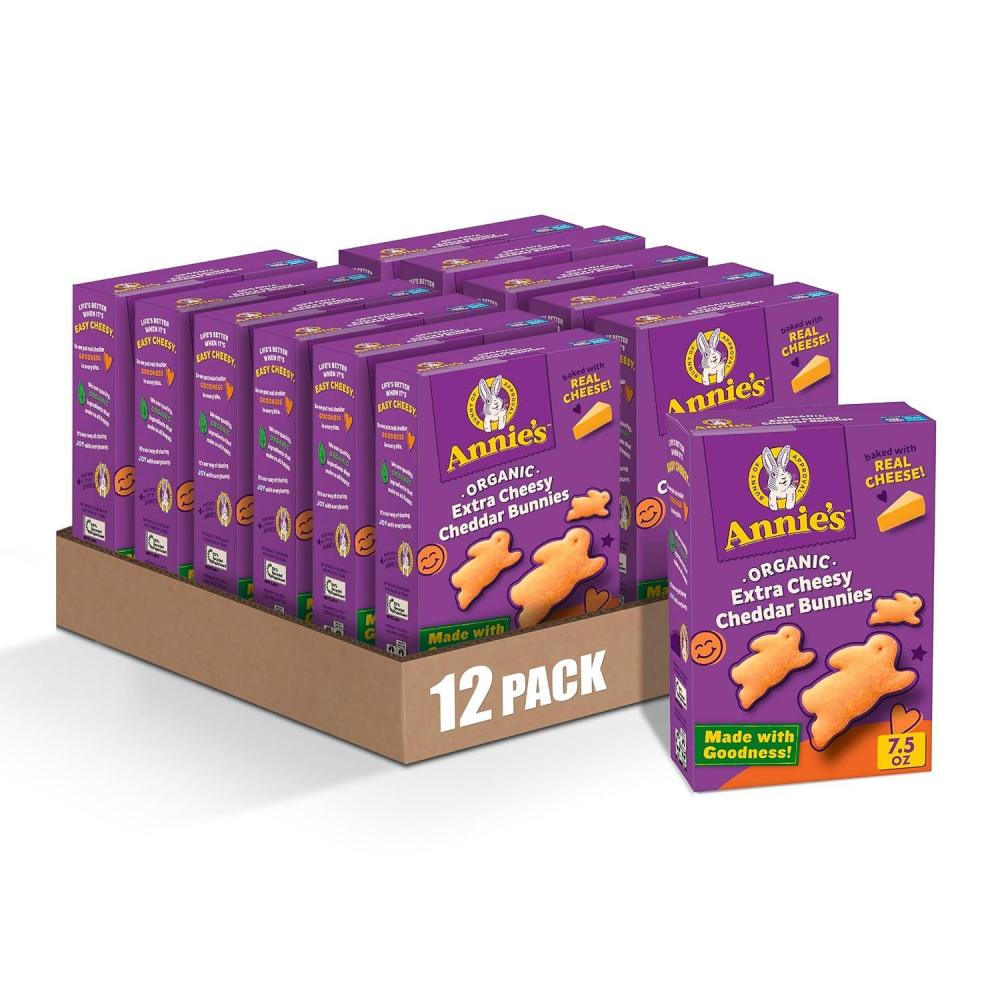 image:imageAnnies Organic Cheddar Bunnies Snack Crackers Extra Cheesy Baked With Real Cheese 75 oz Pack of 12Cheddar