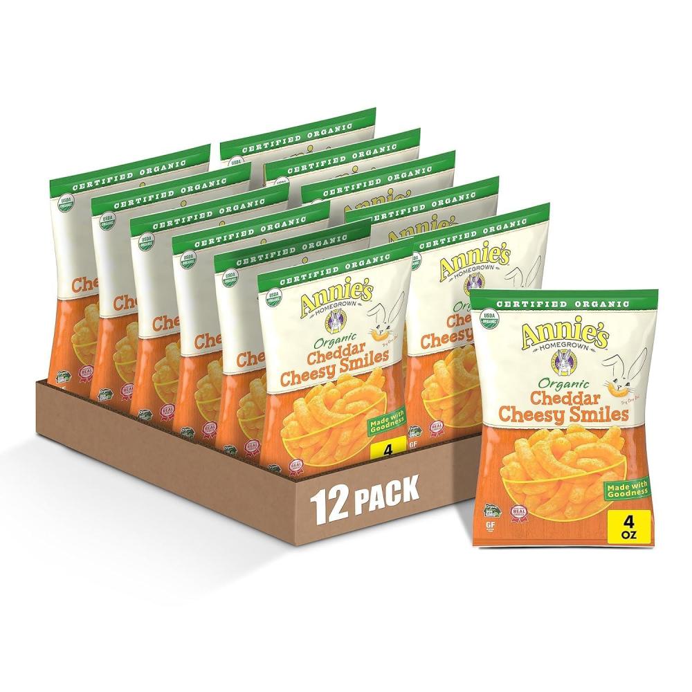 image:imageAnnies Organic Cheddar Cheesy Smiles Baked Corn Puffs Gluten Free 4 oz Pack of 12