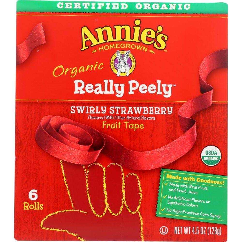 image:imageAnnies Organic Fruit Tape Swirly Strawberry NonGMO and Organic Fruit Flavored Snacks 6 Rolls 45 oz Pack of 8Peely Straw
