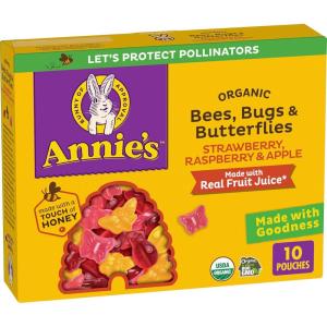 Annie’s Organic Bees, Bugs, and Butterflies Fruit Flavored Snacks, 10 Pouches, 7 oz(Strawberry  Raspberry & Apple)