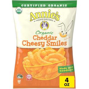 Annie’s Organic Cheddar Cheesy Smiles, Baked Corn Puffs, Gluten Free, 4 oz